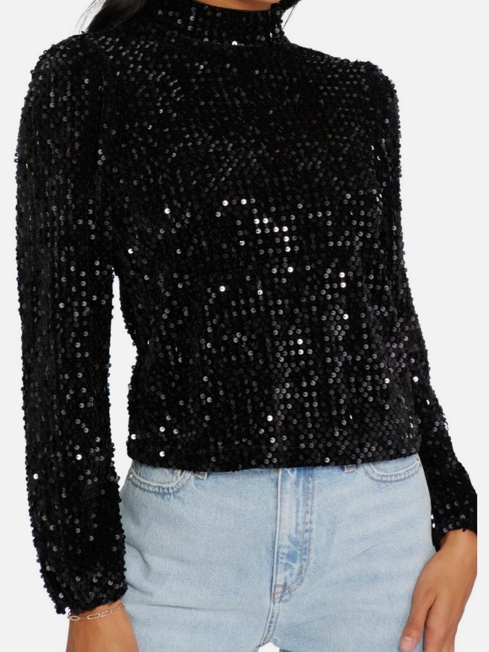 Sanctuary Black Sequin Mock Neck Blouse